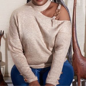 Beige Chain Strap Cold Shoulder Sweater. Size M